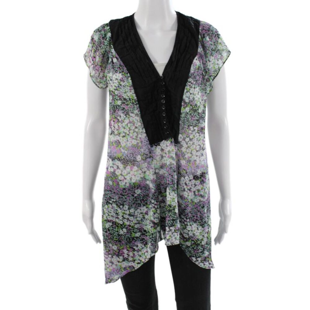 Allen B. By Allen Schwartz Womens Tunic Black Floral V-Neck Short Sleeve Size S
